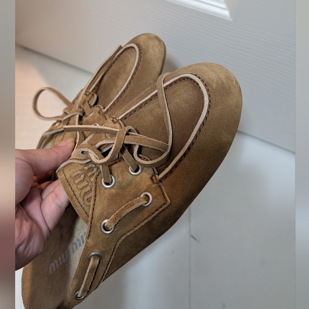 NEW Miu Miu Faded Suede Mules Size 36 Cinnamon Brown US 6 Boat Shoe - Picture 3 of 8